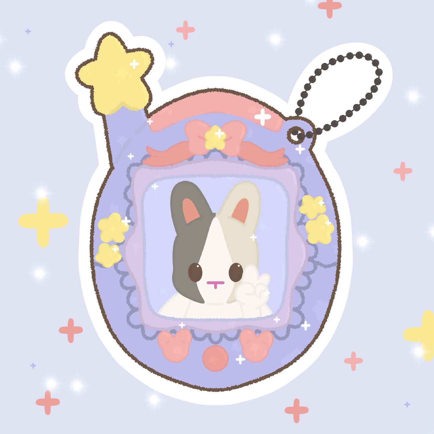 Tamagotchi with bunny in the center Sticker, purple with pink and yellow color
