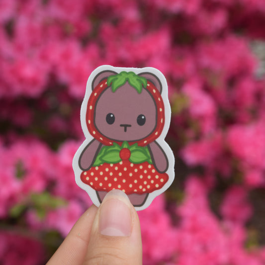 Brown Bear with a strawberry themed dress and hat
