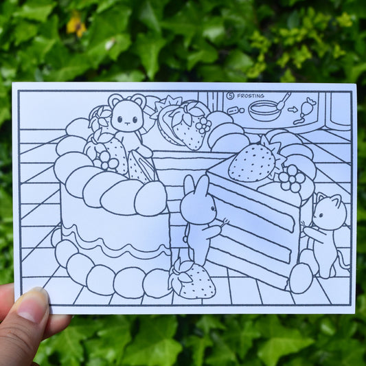 colorable postcard with cute animals and a strawberry sponge cake