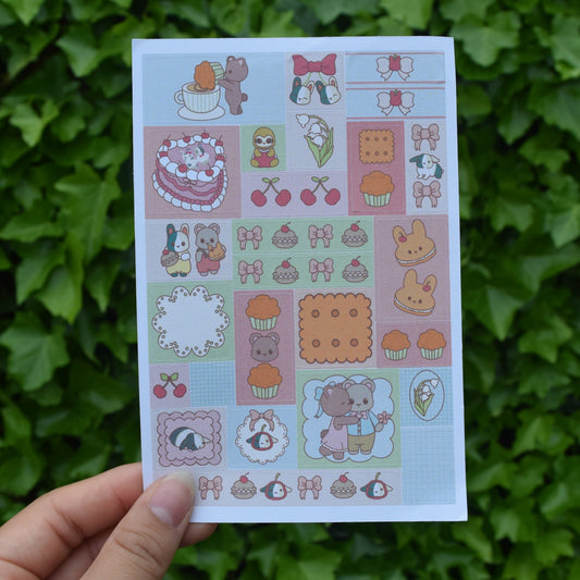 journaling sticker sheet with bears bunnies and a sloth. fruits and desserts