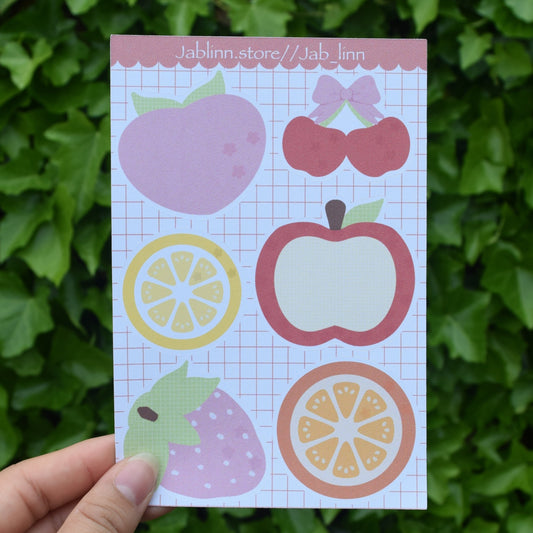 peach, cherry, lemon, apple, strawberry, and orange fruit memo sticker sheet