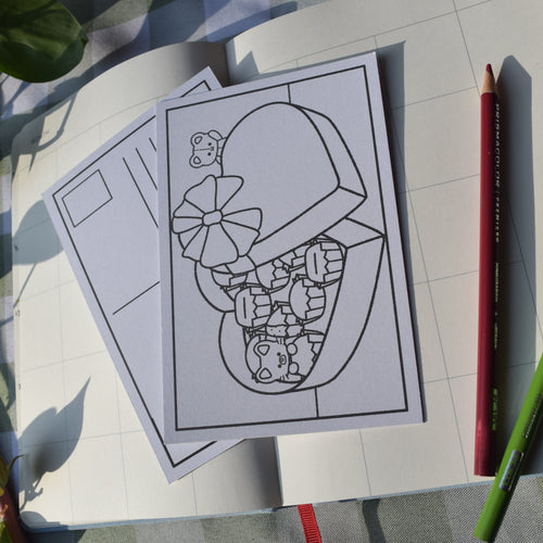 Cute box of chocolates with bear and cat characters on a colorable post card