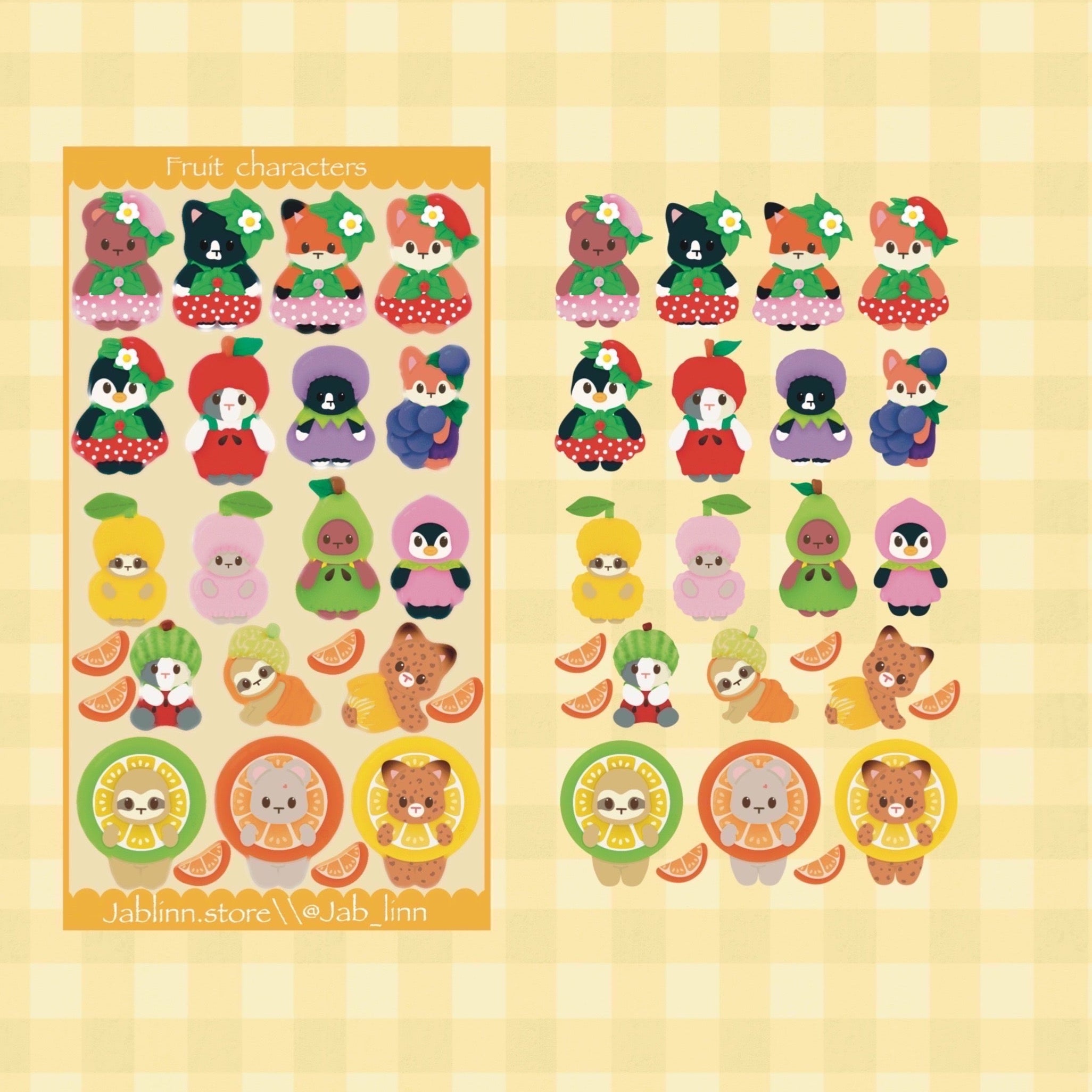 sticker sheet with animals in fruit costumes
