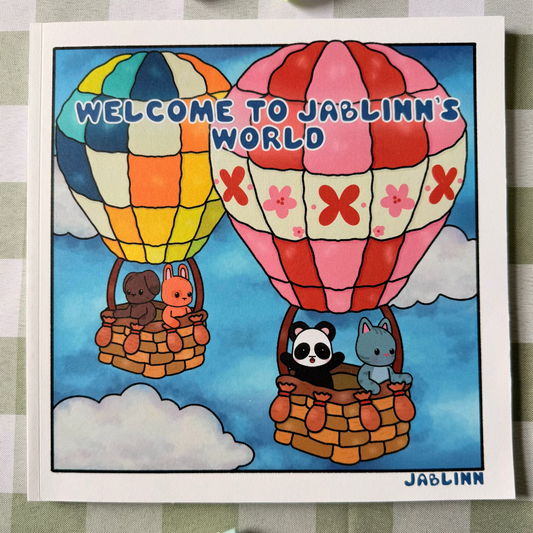 Illustration of hot air balloons with animals and 'Welcome to Jablinn's World' text on a checkered background.
