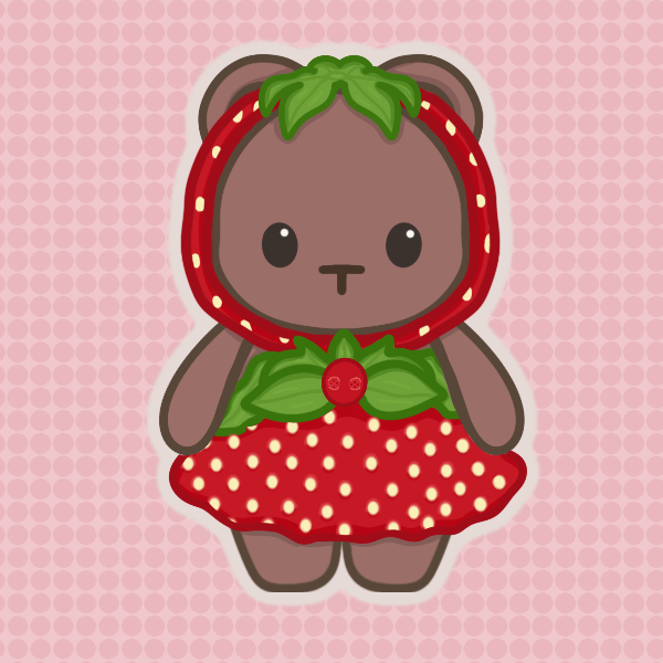 Brown Bear with a strawberry themed dress and hat illustration 